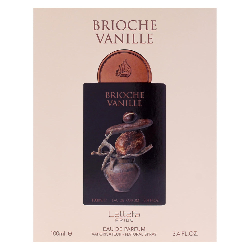 Lattafa Pride Brioche Vanille bottle in hand illustrating 100ml scale and portability