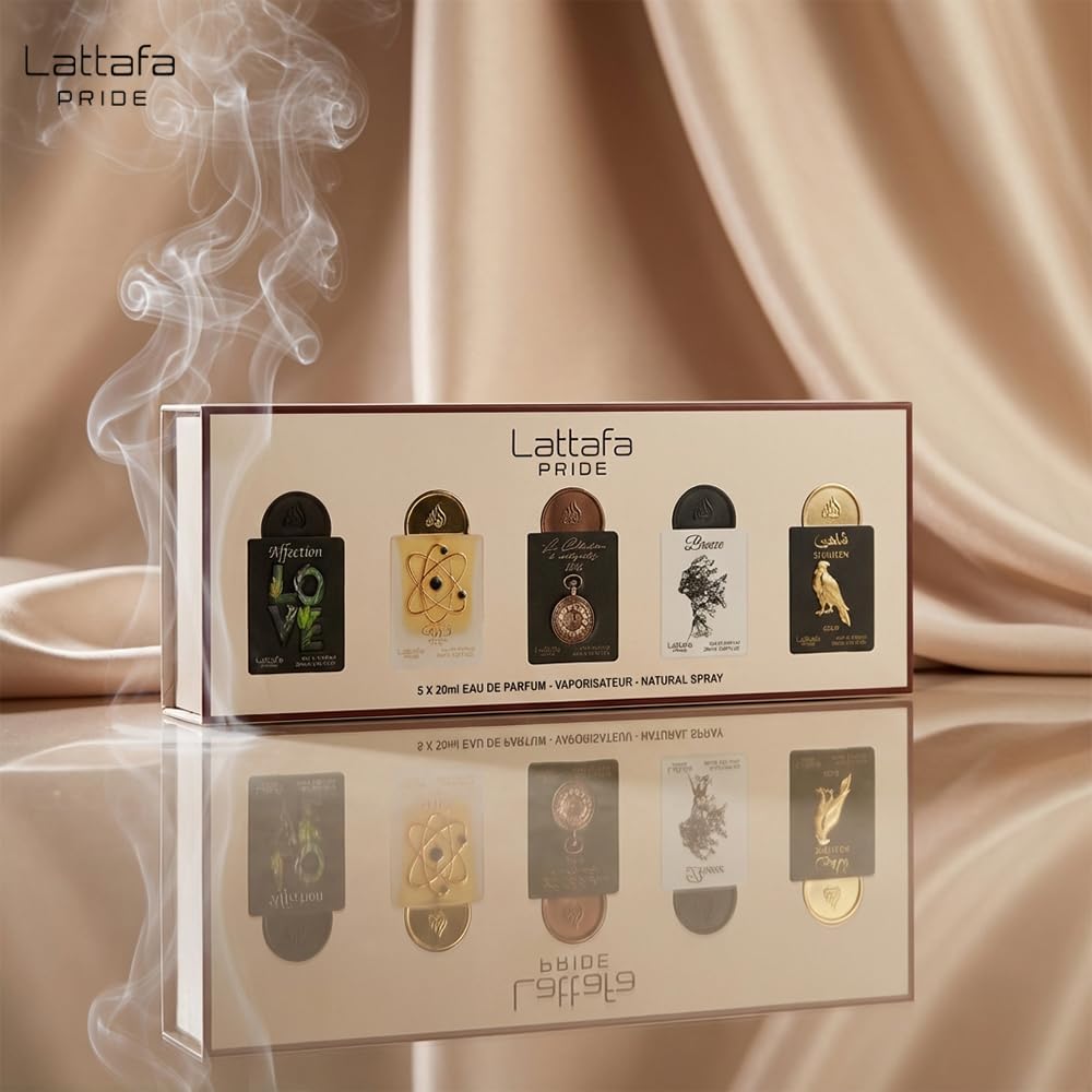 Lattafa bottles on wooden surface styled lifestyle shot showcasing warm amber mood benefit