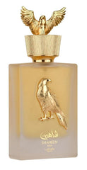 Lattafa Pride Shaheen Gold front bottle view showing elegant packaging and clear brand