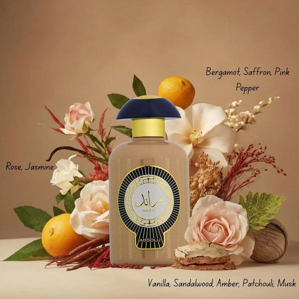 Lattafa Ra'ed Absolu beside a hand showing 100 ml scale and wearable size