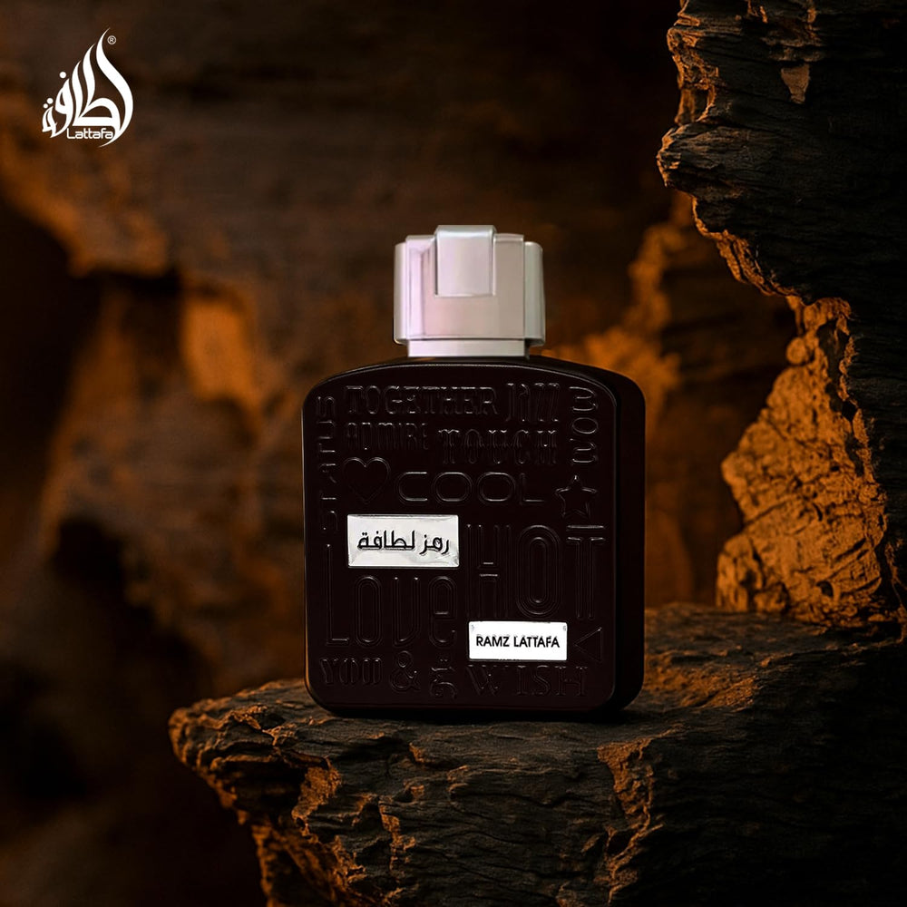 Lattafa Ramz Silver label detail showing notes and brand clarity