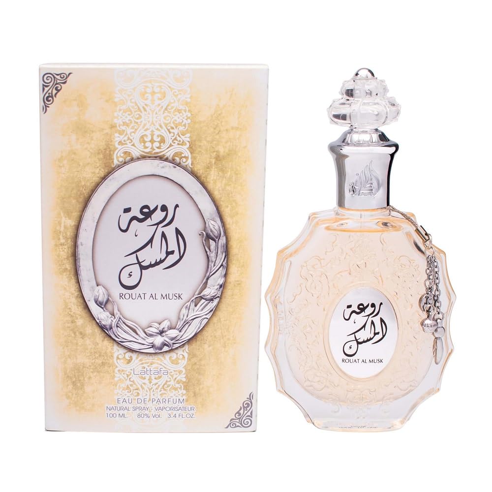 Lattafa Rouat Al Musk bottle front view, elegant packaging enhances gifting