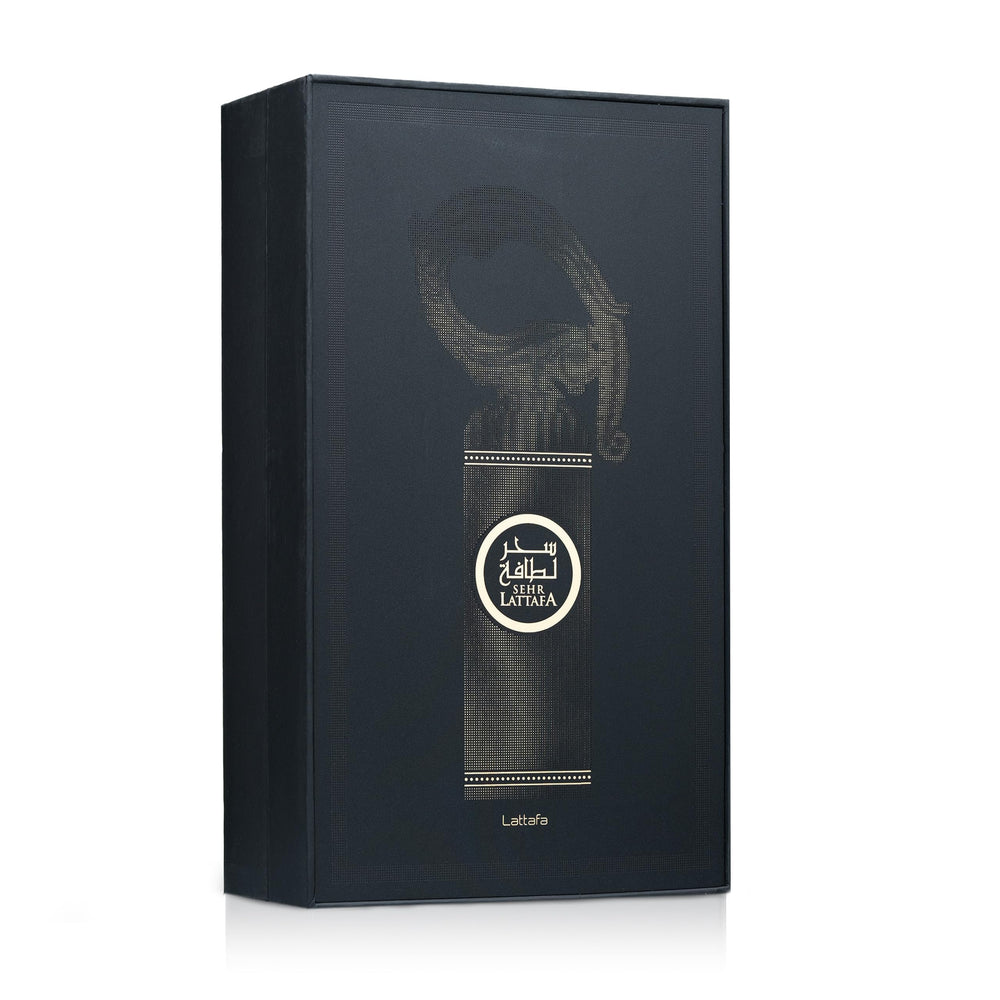 Lattafa Sehr bottle side profile highlighting sleek silhouette and durable glass construction