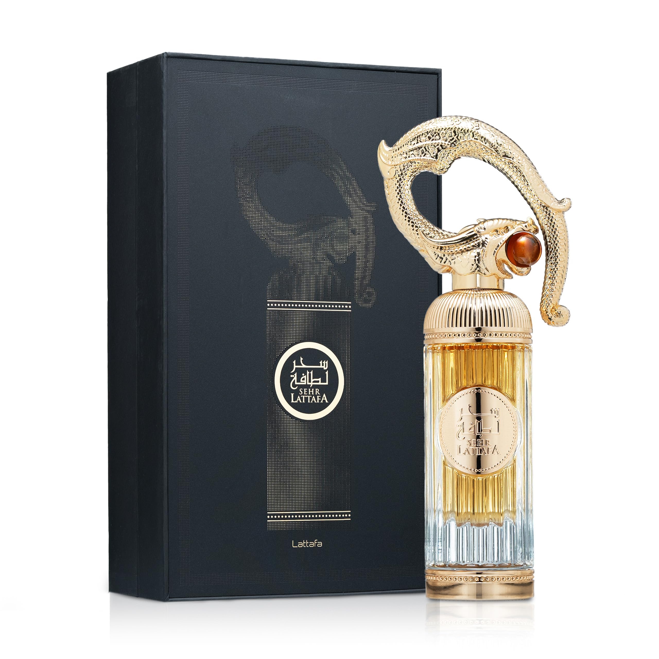 Lattafa Sehr cap and spray detail focusing on atomizer quality for precise, even application