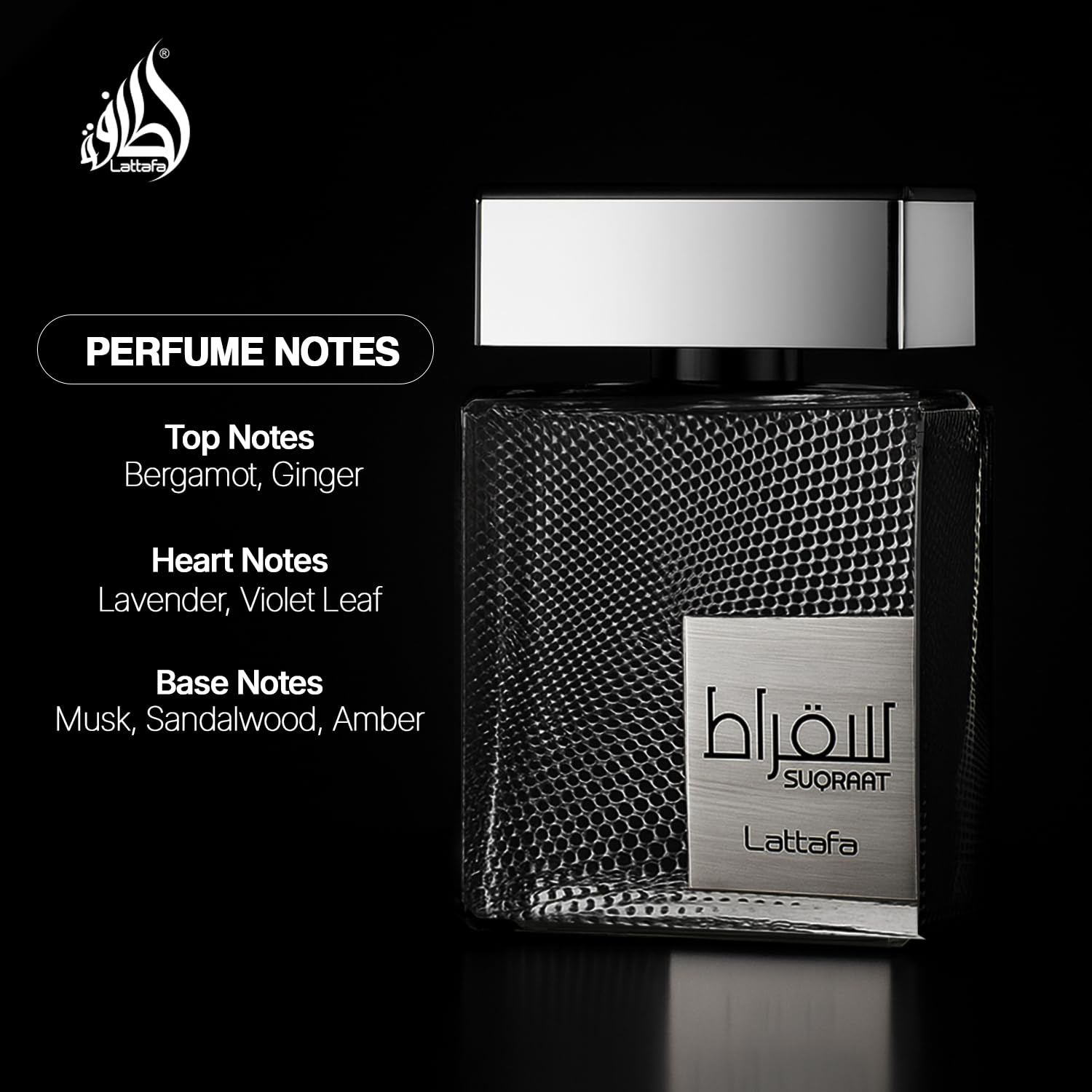 Lattafa Suqraat bottle cap and label clear shot showing brand and scent name