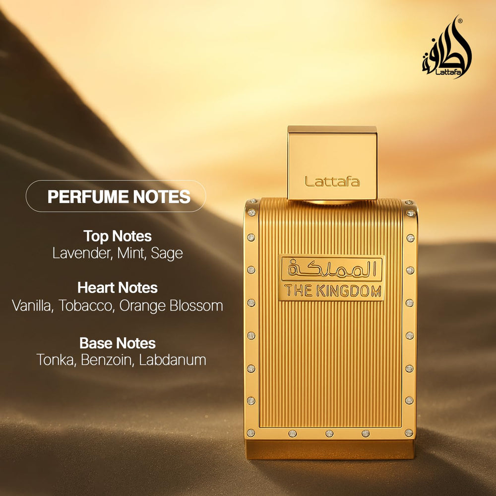Lattafa The Kingdom open cap exposing spray head to ease refills and travel
