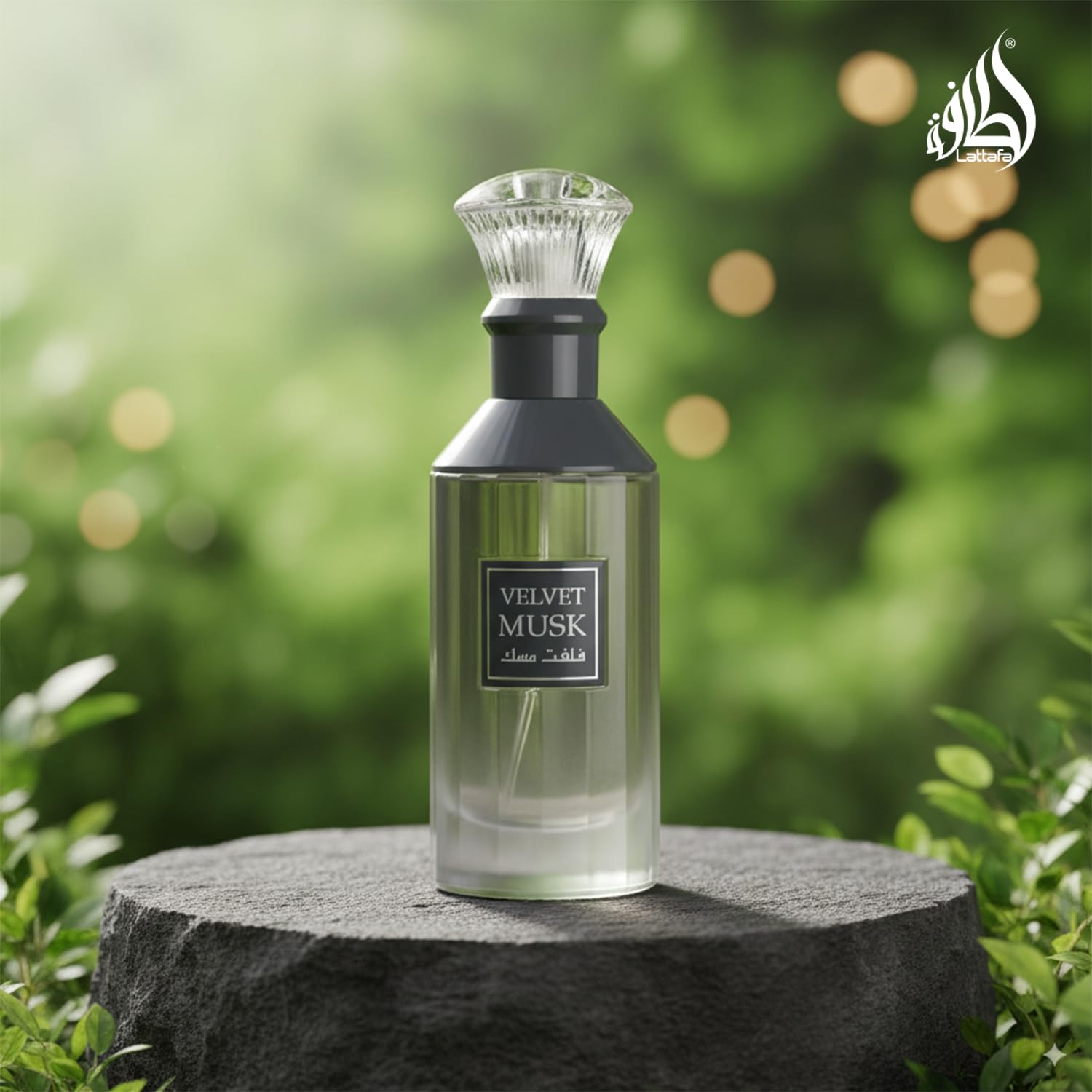 Lattafa bottle on vanity styled for everyday elegant lifestyle appeal