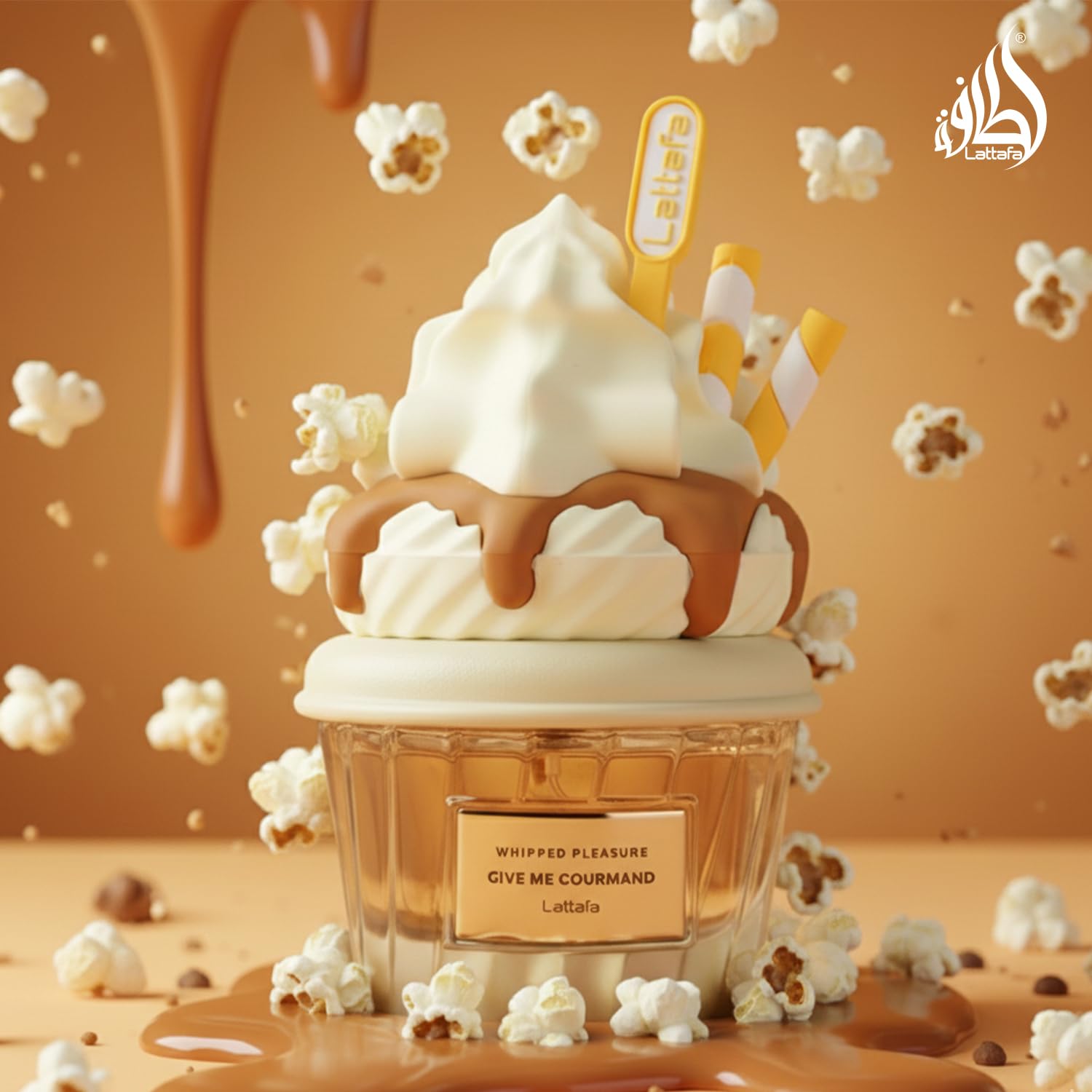 Visual props of vanilla pods and caramel swirls illustrating Lattafa's creamy gourmand notes benefit