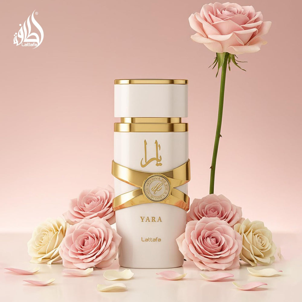 Lattafa Yara Moi scent notes graphic showing fruity floral and gourmand benefit