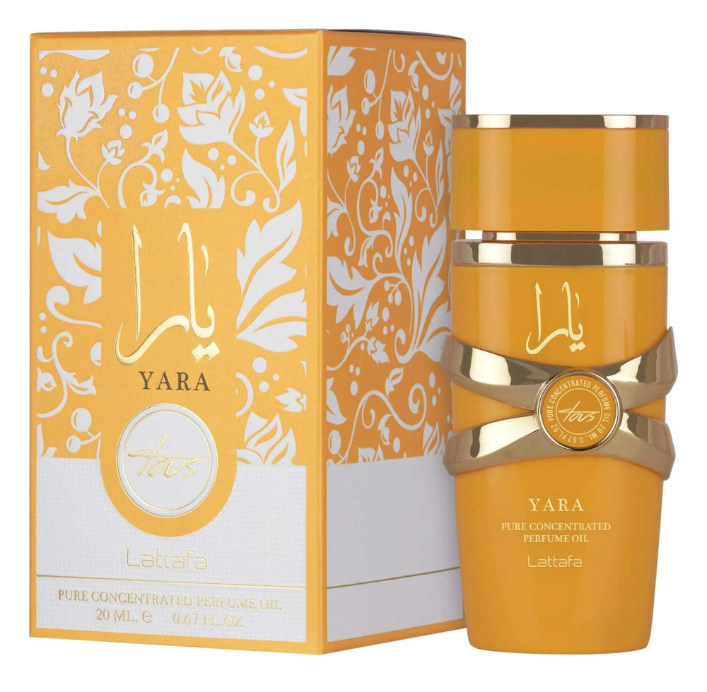 Lattafa Yara Tous side label close-up highlighting brand and fragrance identity