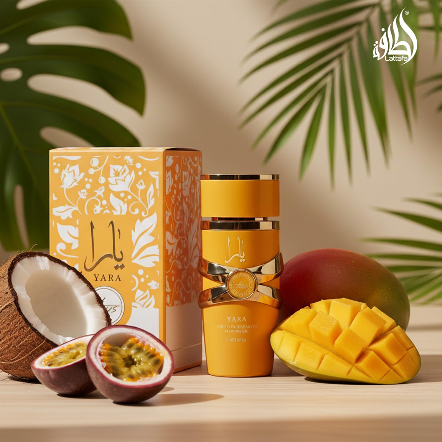 Lattafa Yara Tous bottle on a sunny beach set suggesting tropical, radiant vibe