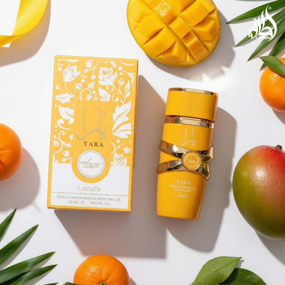 Lattafa Yara Tous next to a credit card displaying travel-friendly 20 ml size