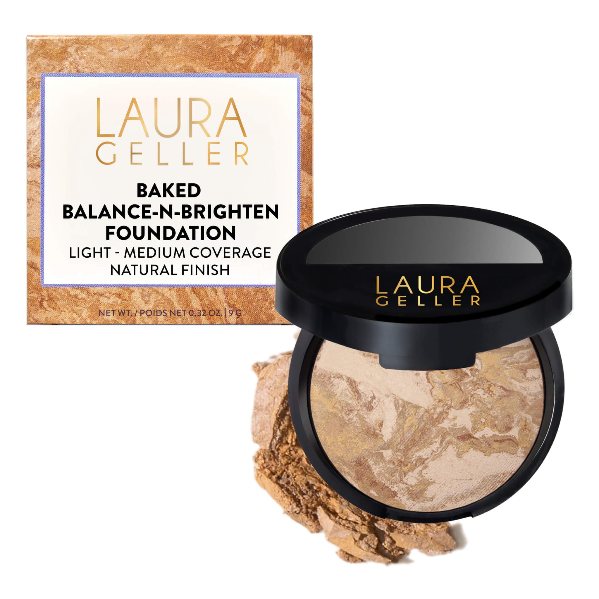 LAURA GELLER front pan shot showing Medium shade and polished finish benefit