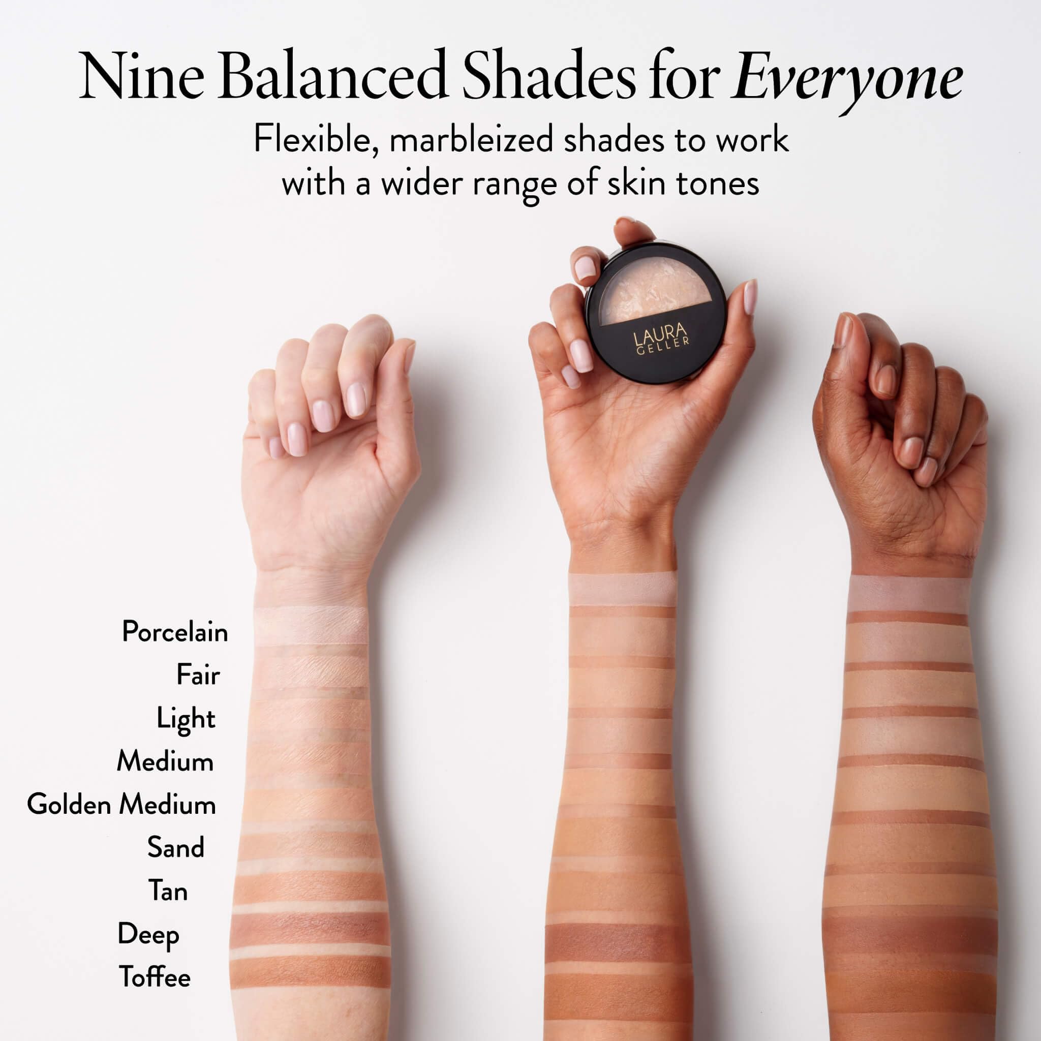 LAURA GELLER compact held in hand to show true Medium shade and scale