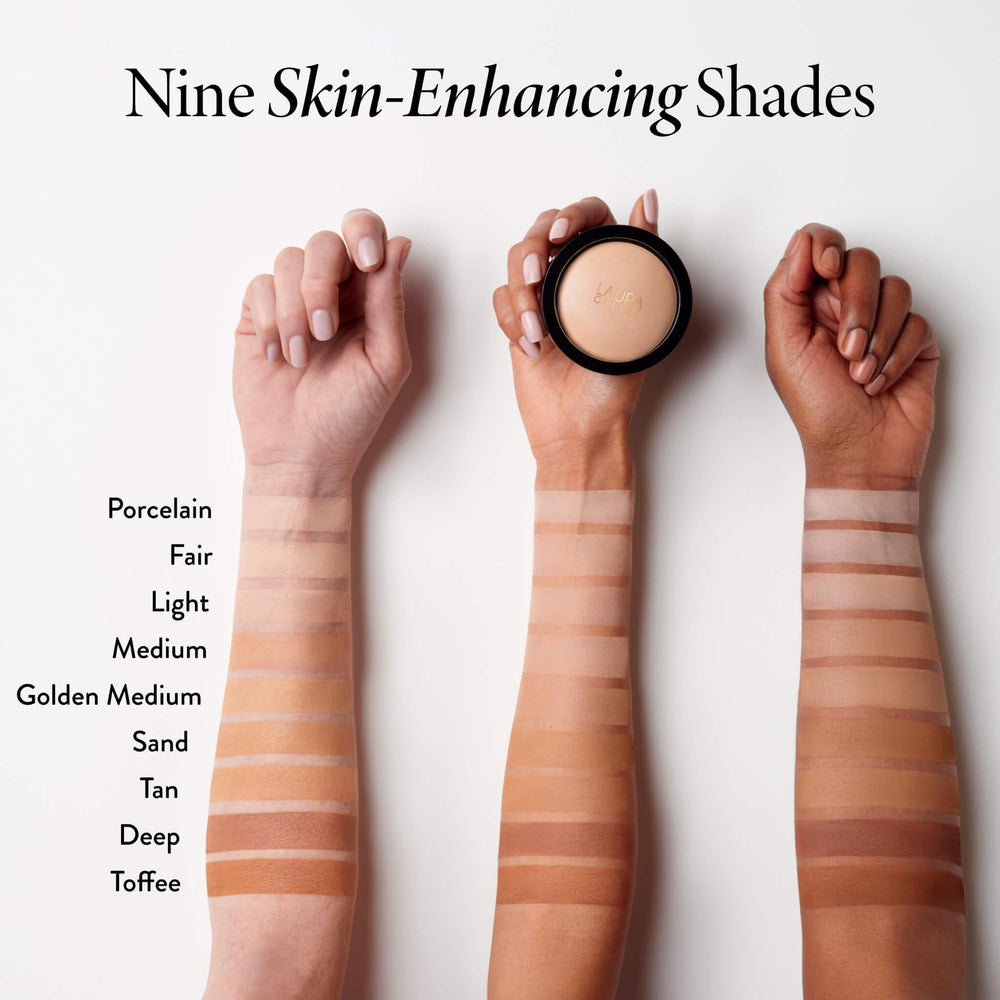 LAURA GELLER applying powder dry with brush for natural medium coverage