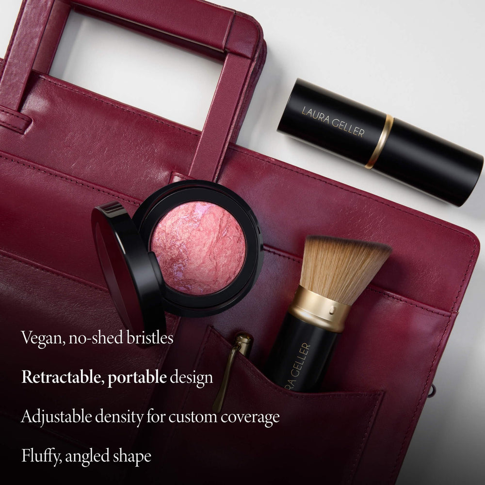LAURA GELLER applying foundation with kabuki for even, buffed coverage