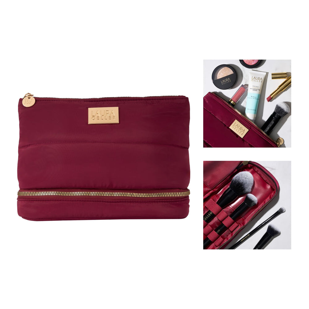 LAURA GELLER bag with baked compacts and palettes to show fitting capacity