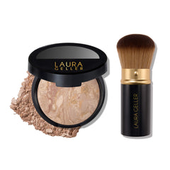 LAURA GELLER front pan view showing fair baked powder and kabuki brush benefit even coverage