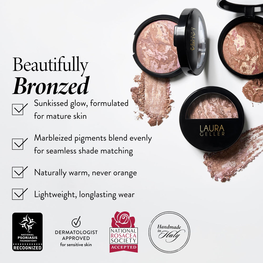 LAURA GELLER close-up of powder texture, smooth finish for natural application
