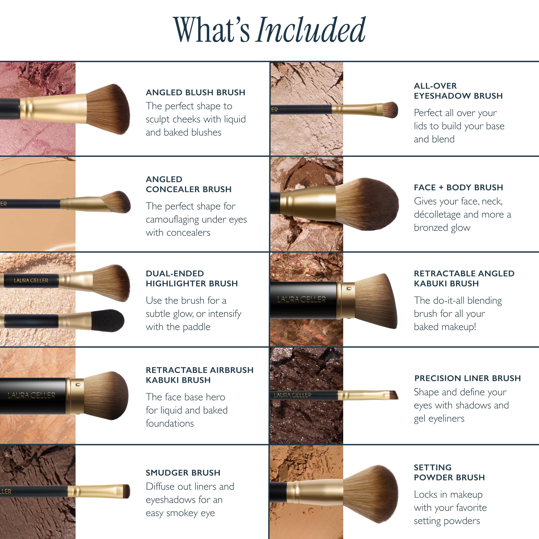 LAURA GELLER NEW YORK full set arranged showing face and eye brush coverage benefit
