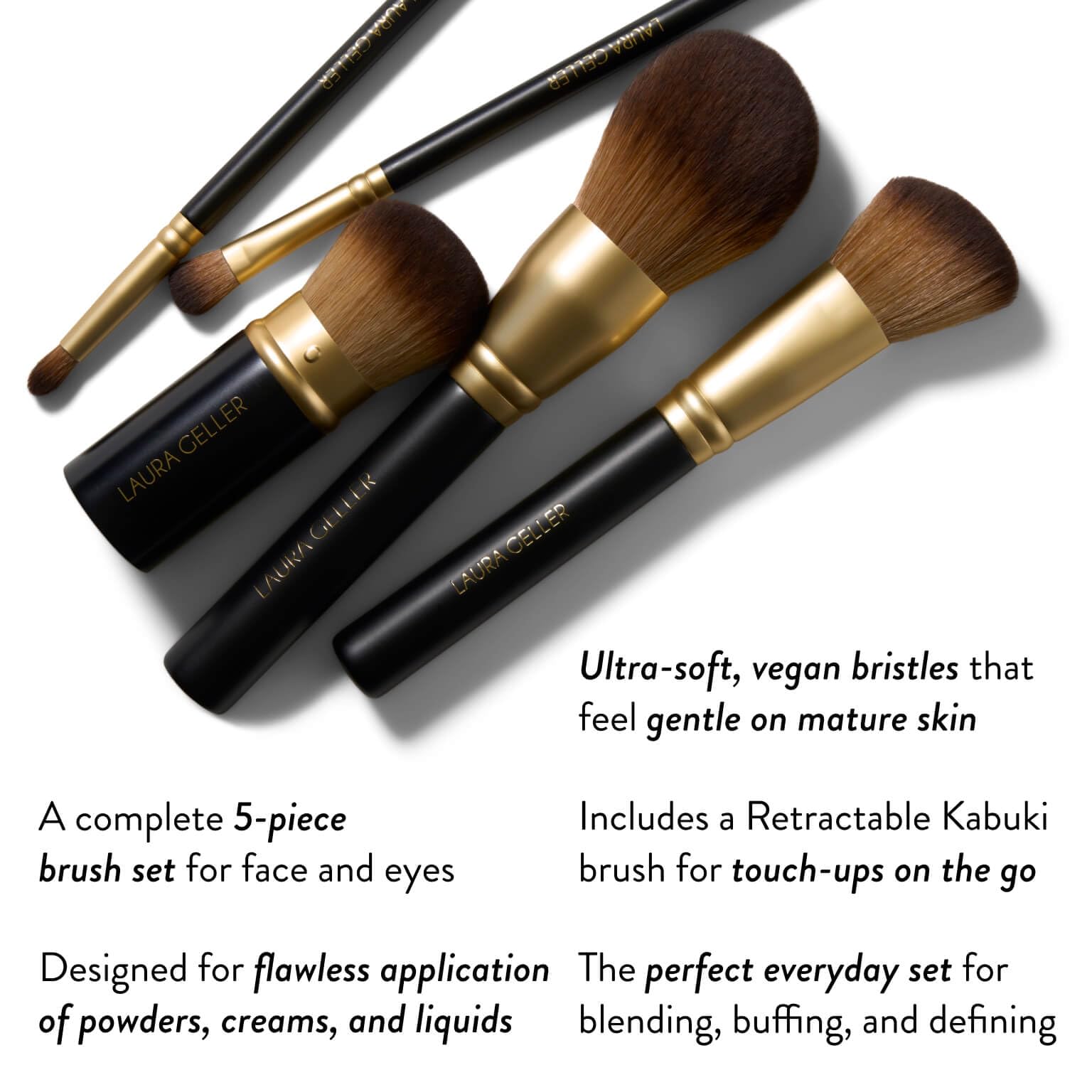 LAURA GELLER NEW YORK brushes inside a makeup bag demonstrating portability and organization