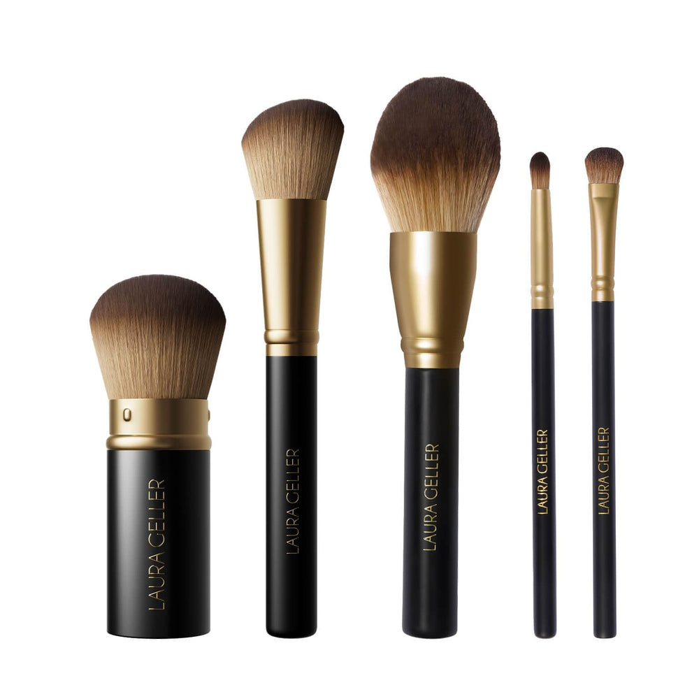 LAURA GELLER NEW YORK front packaging showing five-piece brush set and travel case benefit: compact kit