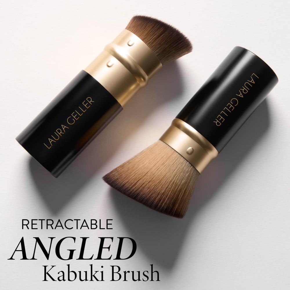 LAURA GELLER kabuki in travel bag showing on-the-go makeup readiness