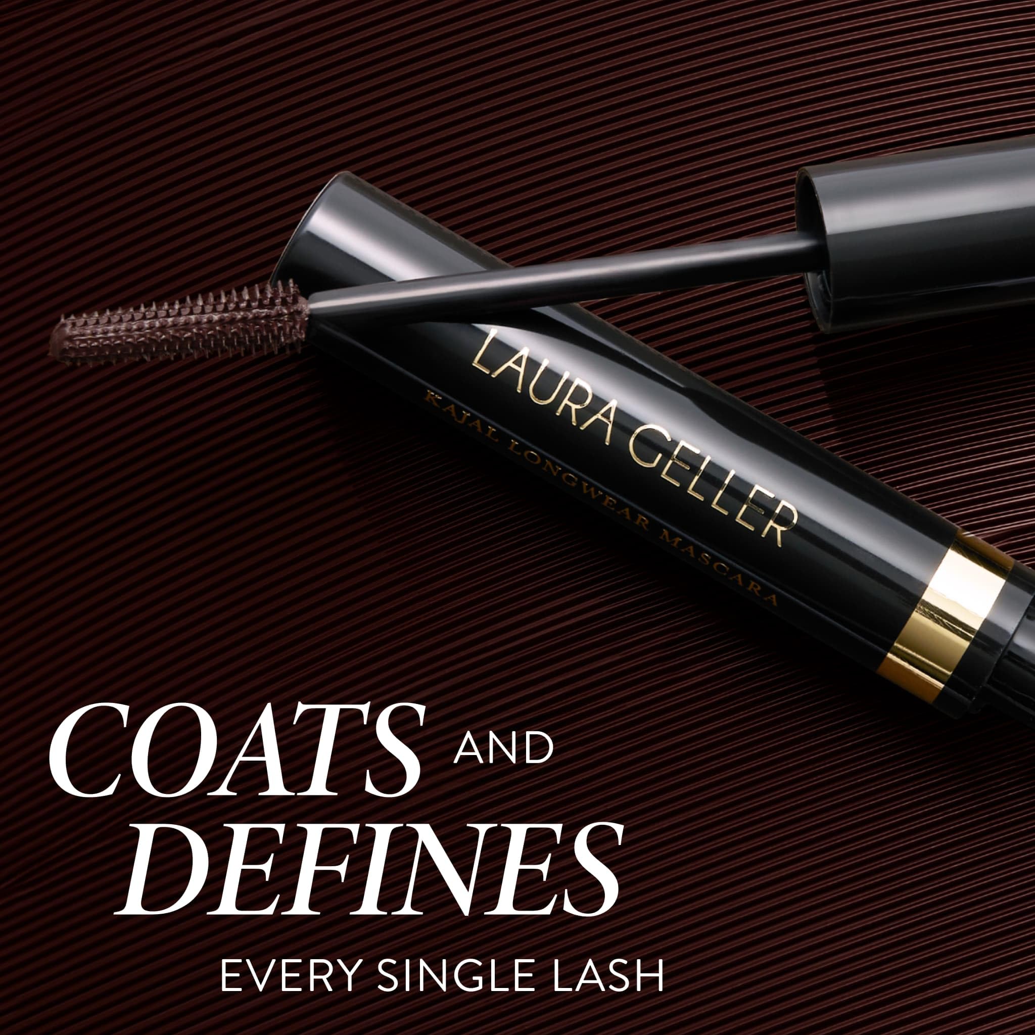 LAURA GELLER NEW YORK model applying mascara showing lengthening effect