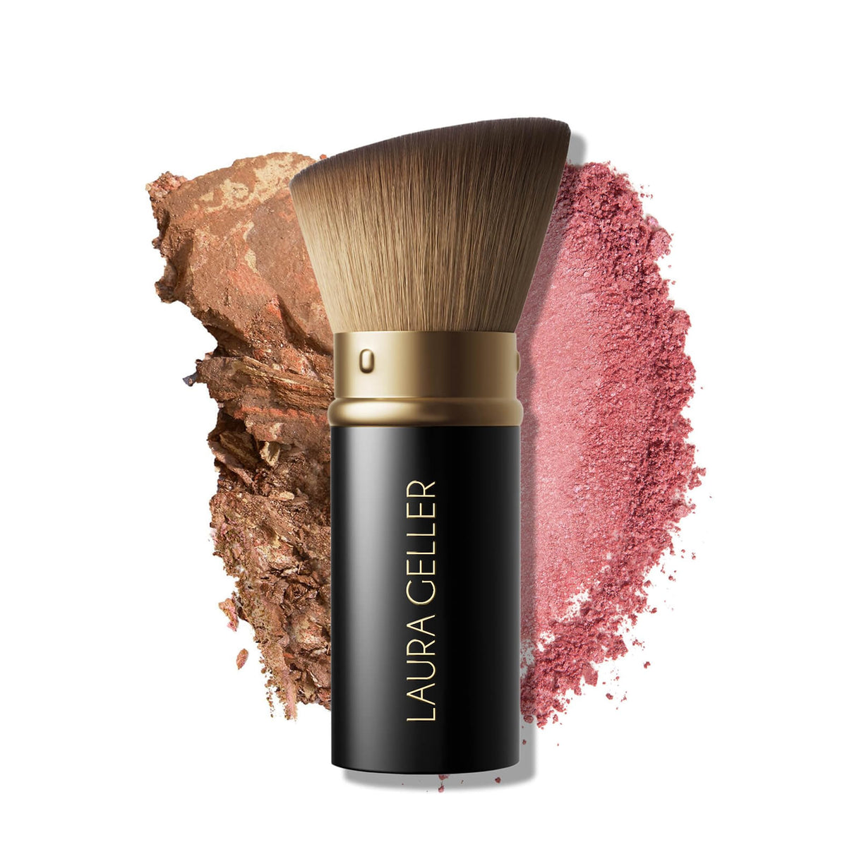LAURA GELLER front view of retractable angled kabuki brush shows compact travel benefit
