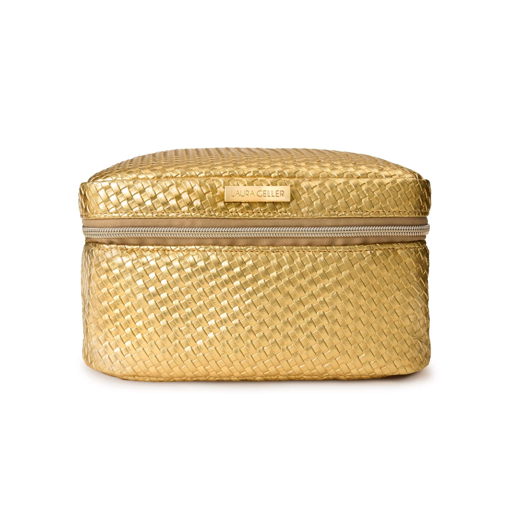 LAURA GELLER NEW YORK front view showing gold structured exterior and handle benefit protective storage