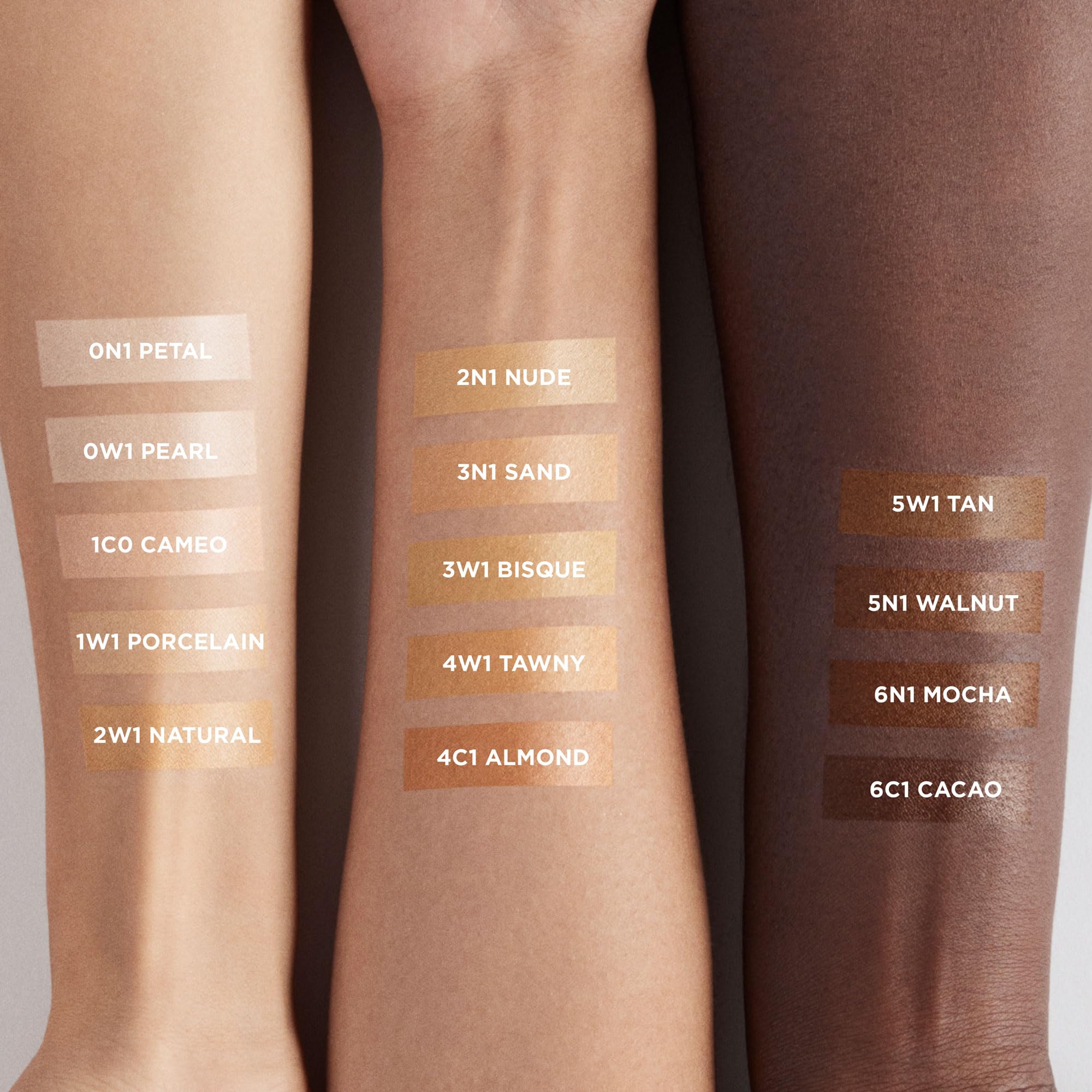 Laura Mercier hand swatches of 1C0 Cameo showing buildable coverage