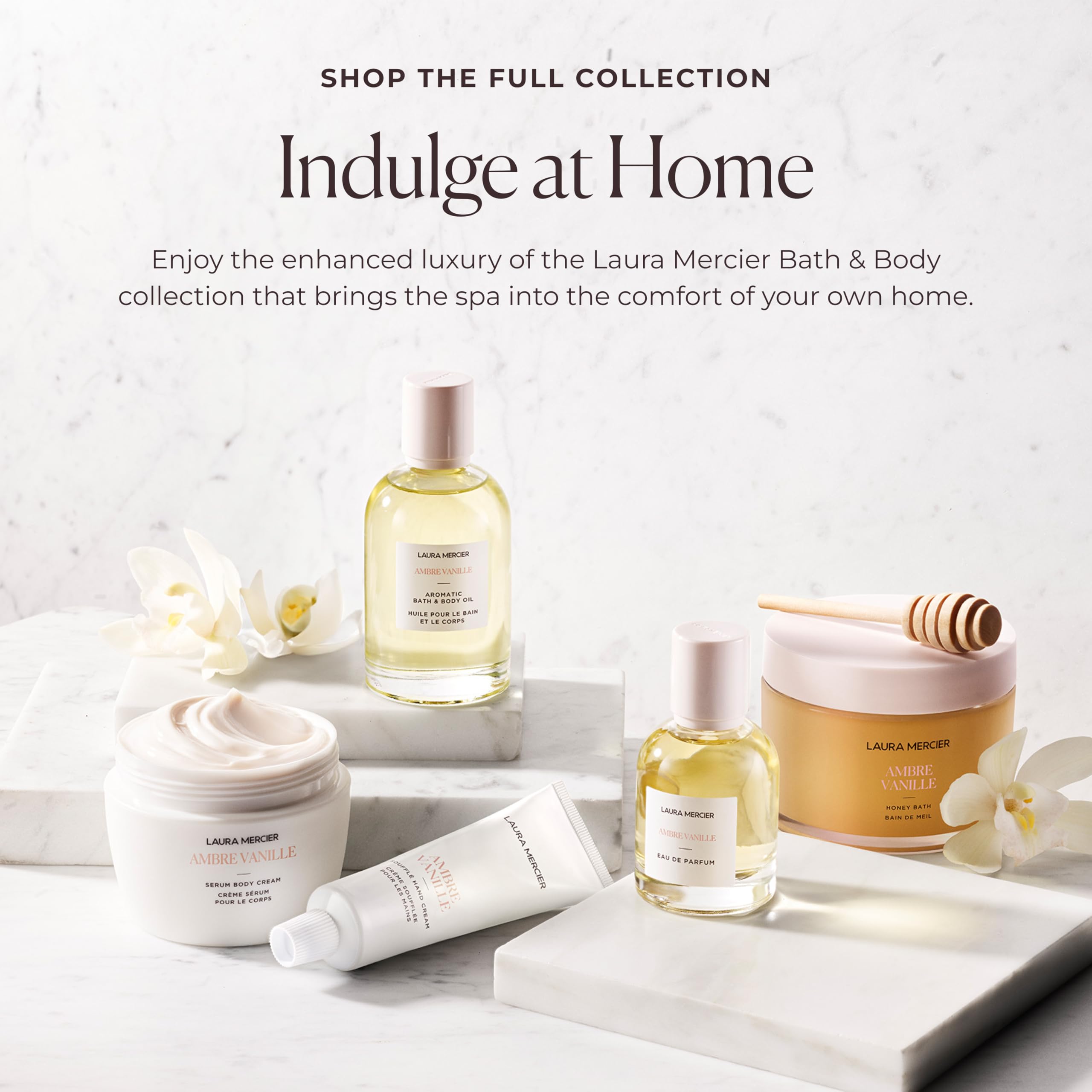 Laura Mercier jar on bathroom shelf in lifestyle scene conveying daily ritual and luxurious self-care