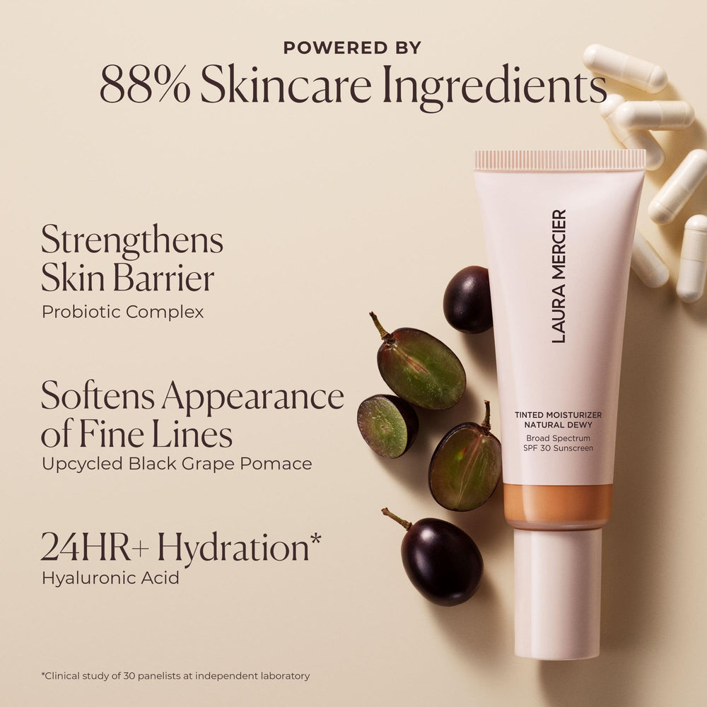 Laura Mercier before-and-after on cheek demonstrating subtle evening of tone and healthy glow