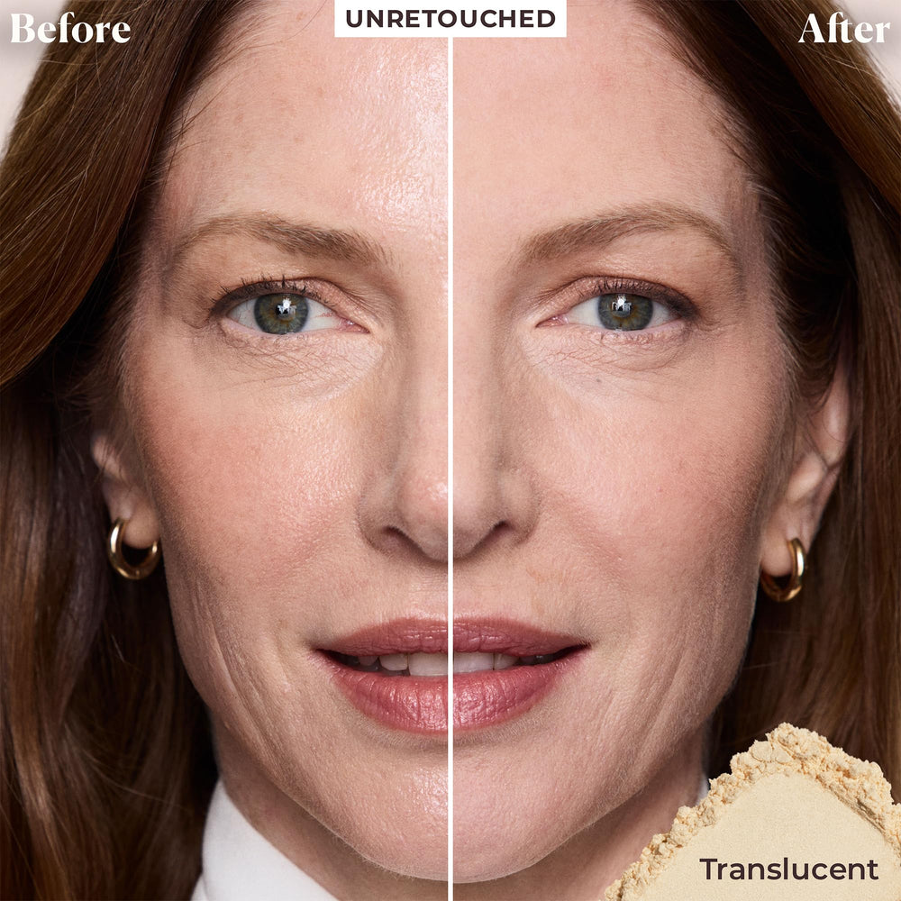 Laura Mercier powder application lifestyle scene showing oil control and photo-ready skin