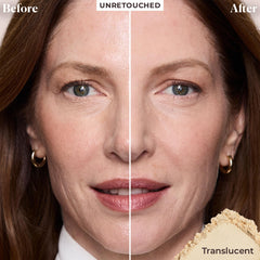 Laura Mercier powder application lifestyle scene showing oil control and photo-ready skin