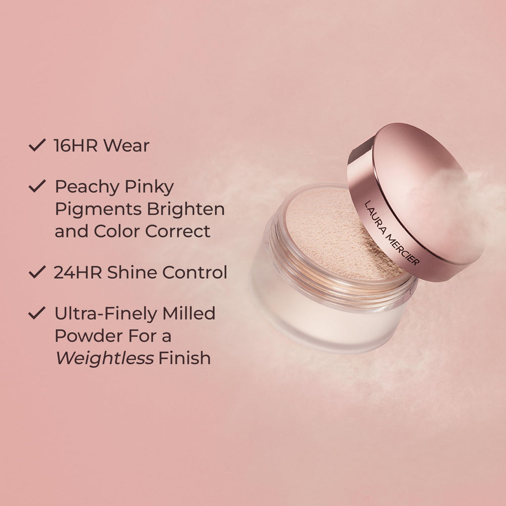 Laura Mercier size comparison beside coin showing travel-friendly 0.21 oz benefit