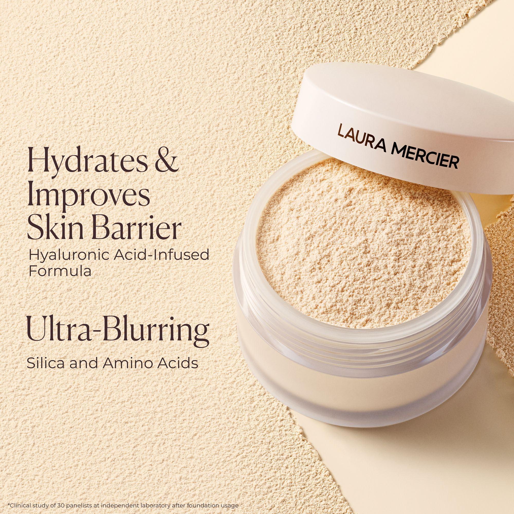 Laura Mercier travel-sized jar in makeup bag for convenient touchups benefit