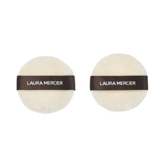 Laura Mercier velour puff front view showing plush surface and neat two-pack packaging for easy use