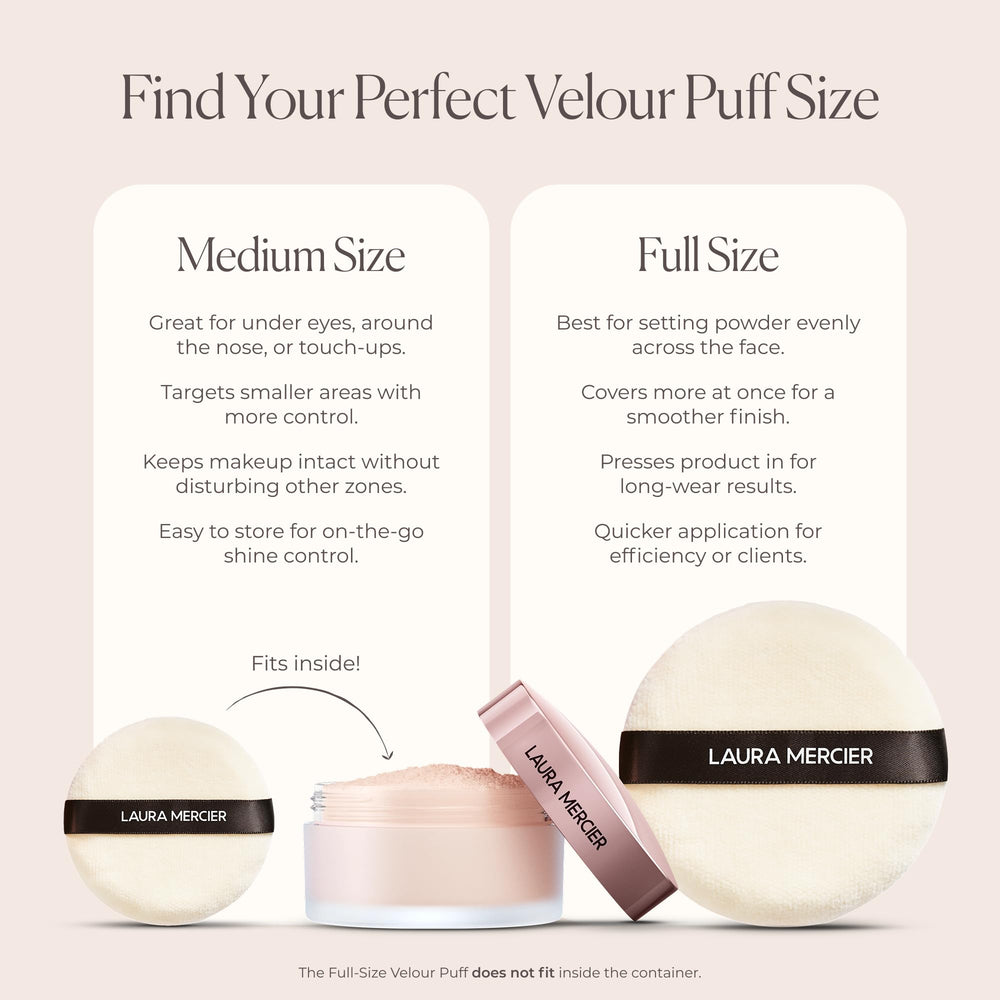 Laura Mercier velour puff in use pressing powder under eye demonstrating precise setting and reduced fallout