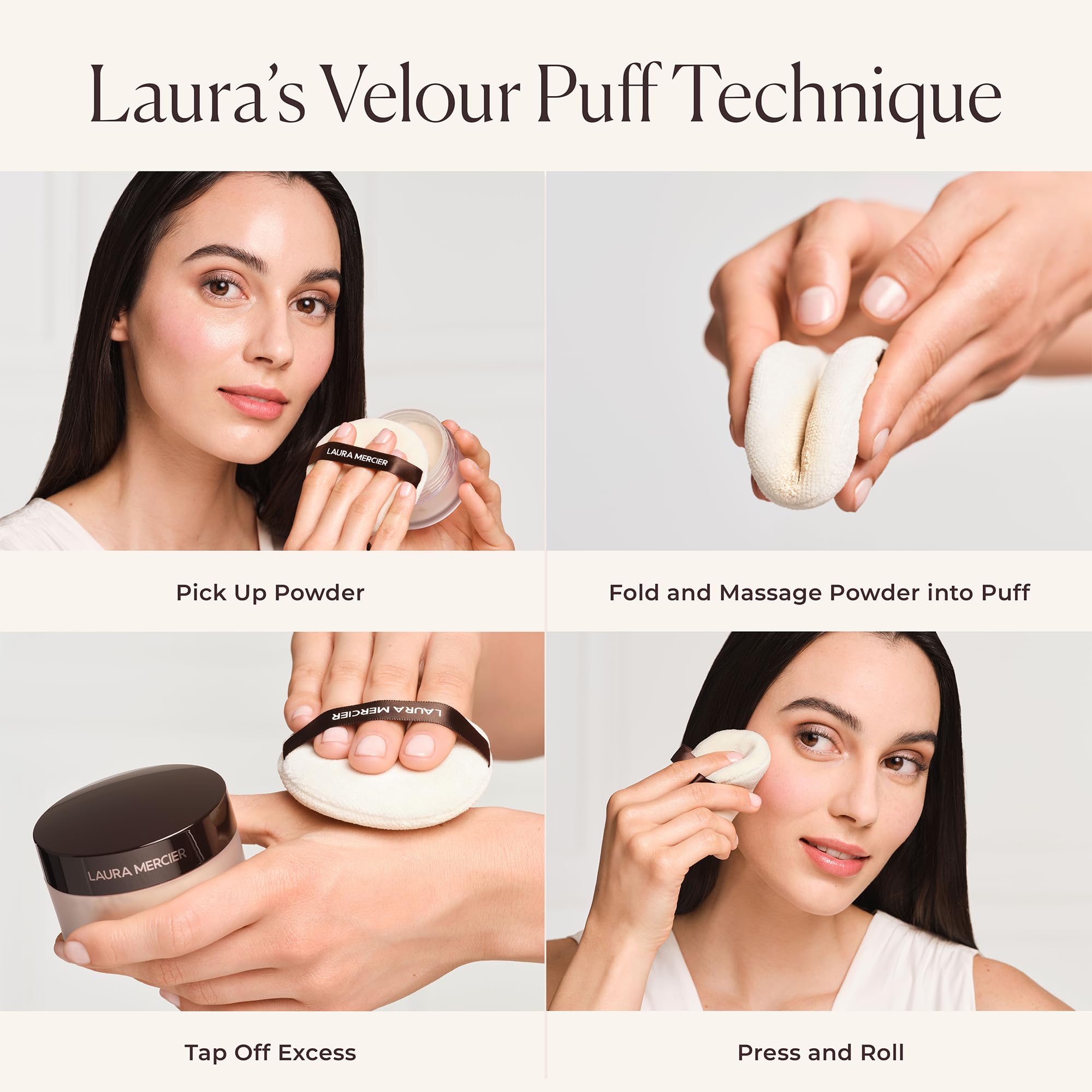 Laura Mercier puff texture close-up highlighting velour nap for smooth powder pickup and even application