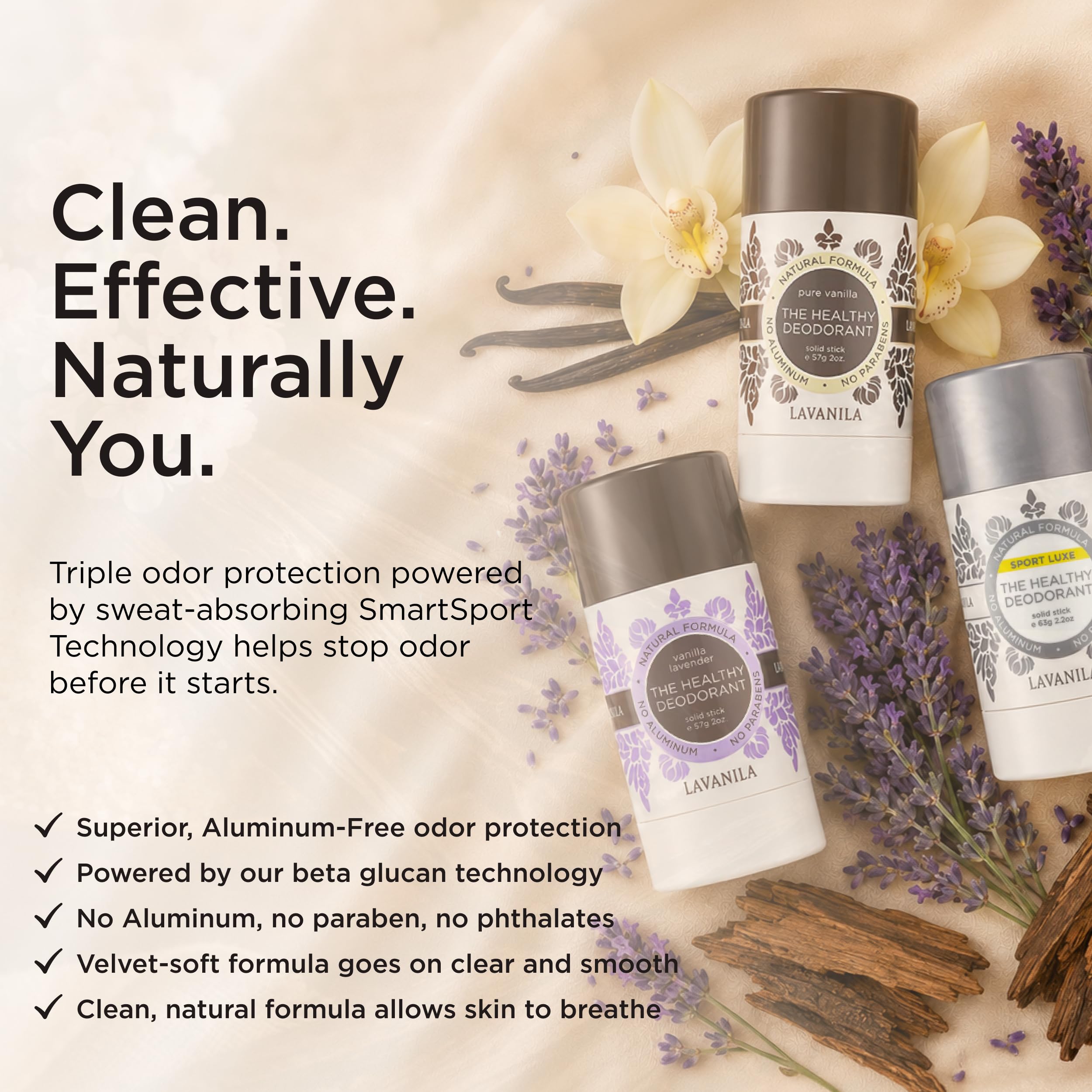 Lavanila Sport Luxe ingredients label close-up highlighting vegan, aluminum-free benefit