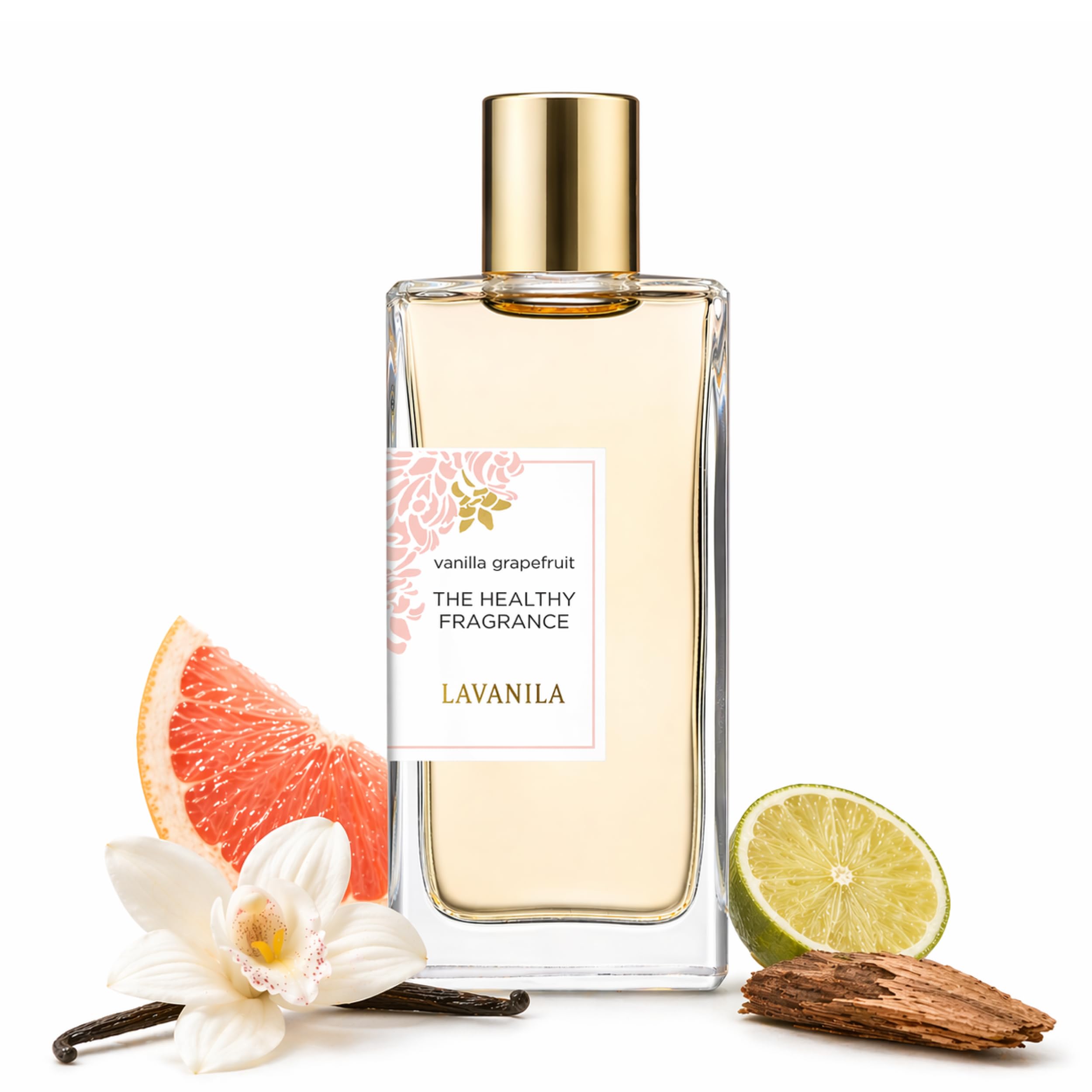 Lavanila perfume front packaging showing clean citrus vanilla branding and benefit