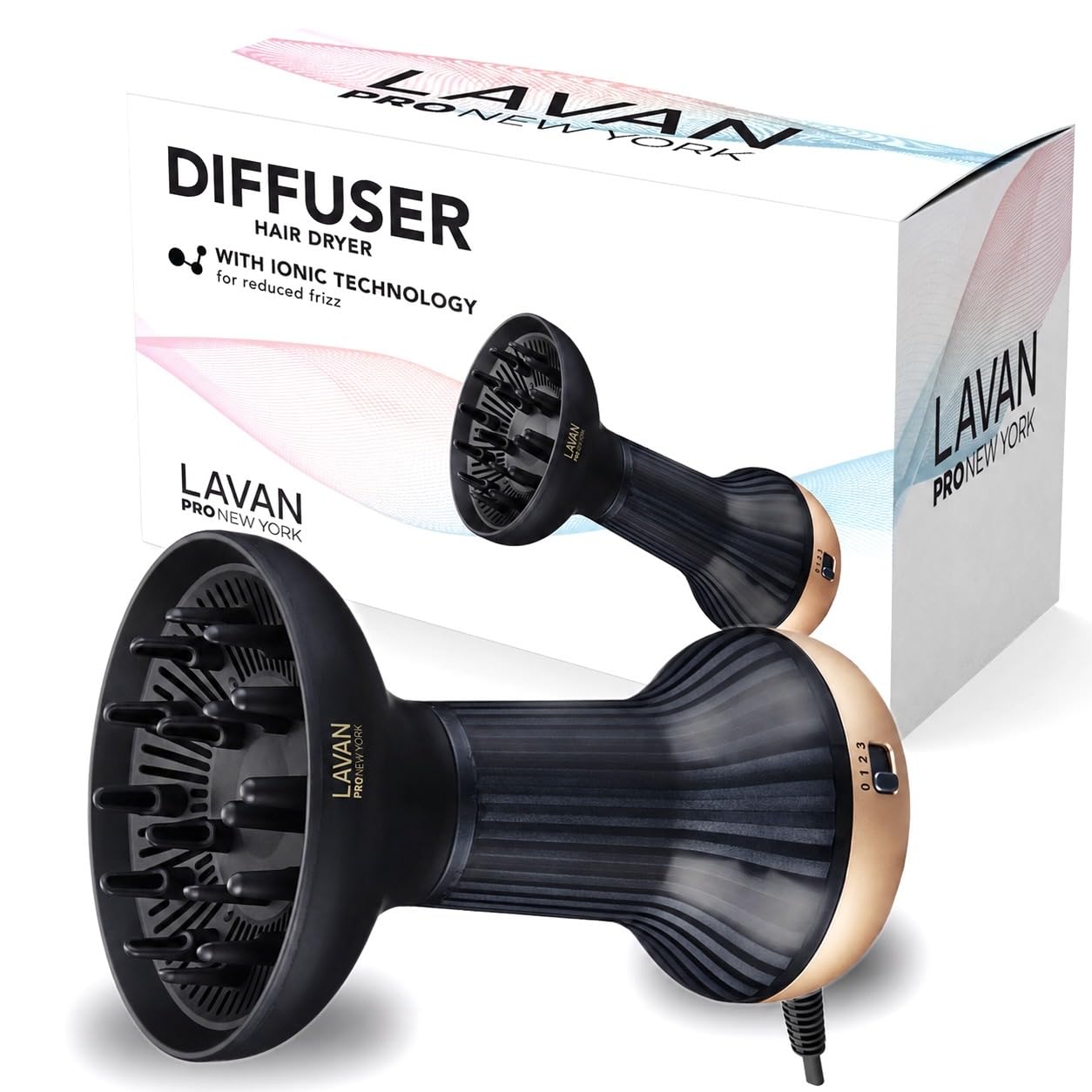 LAVANPRO NEW YORK front view of gold diffuser dryer showing compact design and styling benefit