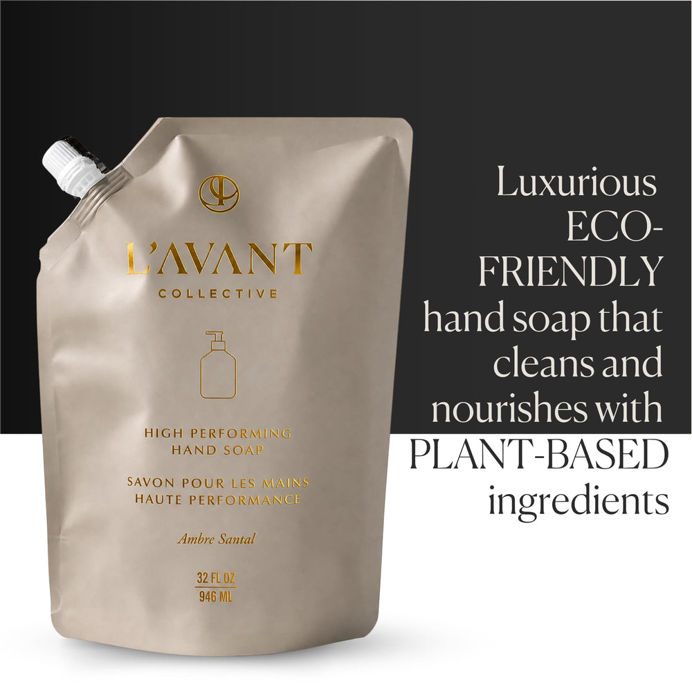 Glass soap bottle on sink with L'AVANT Collective Ambre Santal for elevated handwashing