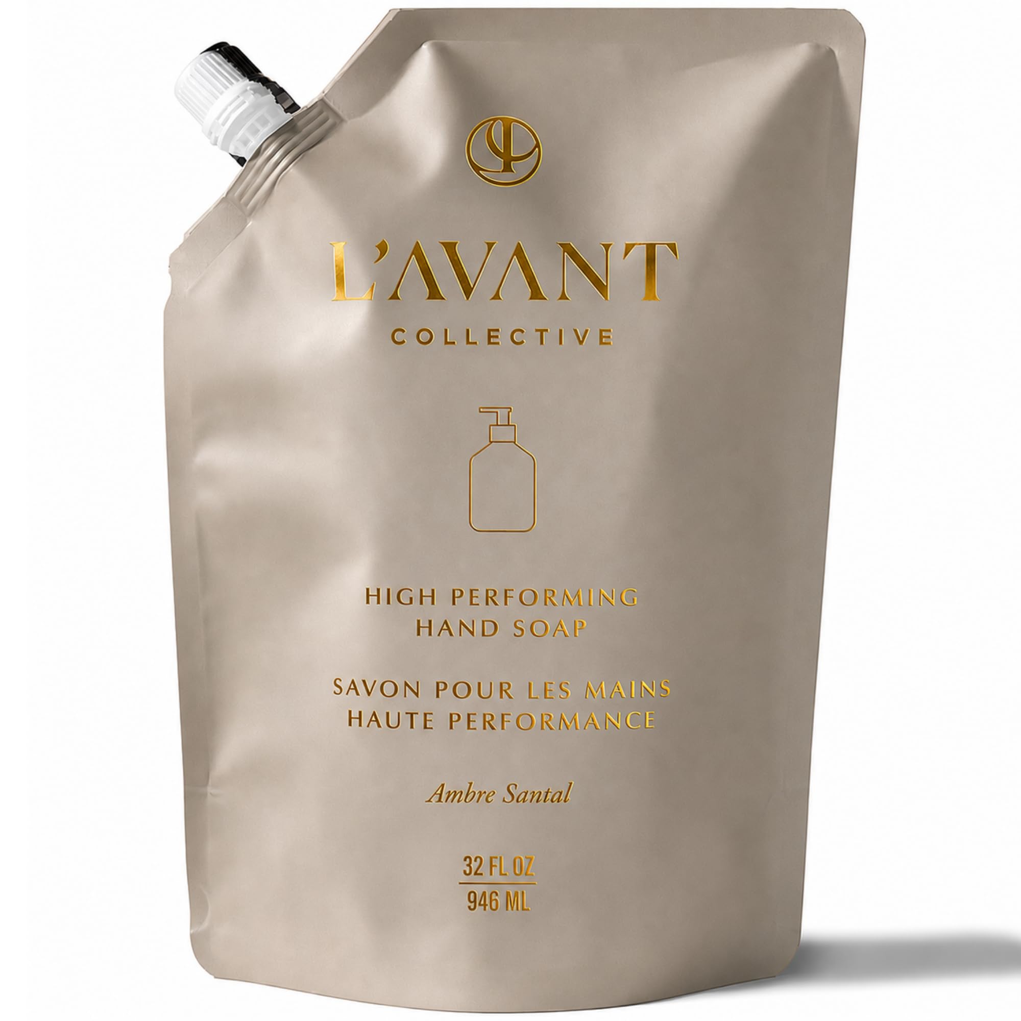 L'AVANT Collective refill pouch front view showing Ambre Santal label and eco benefit