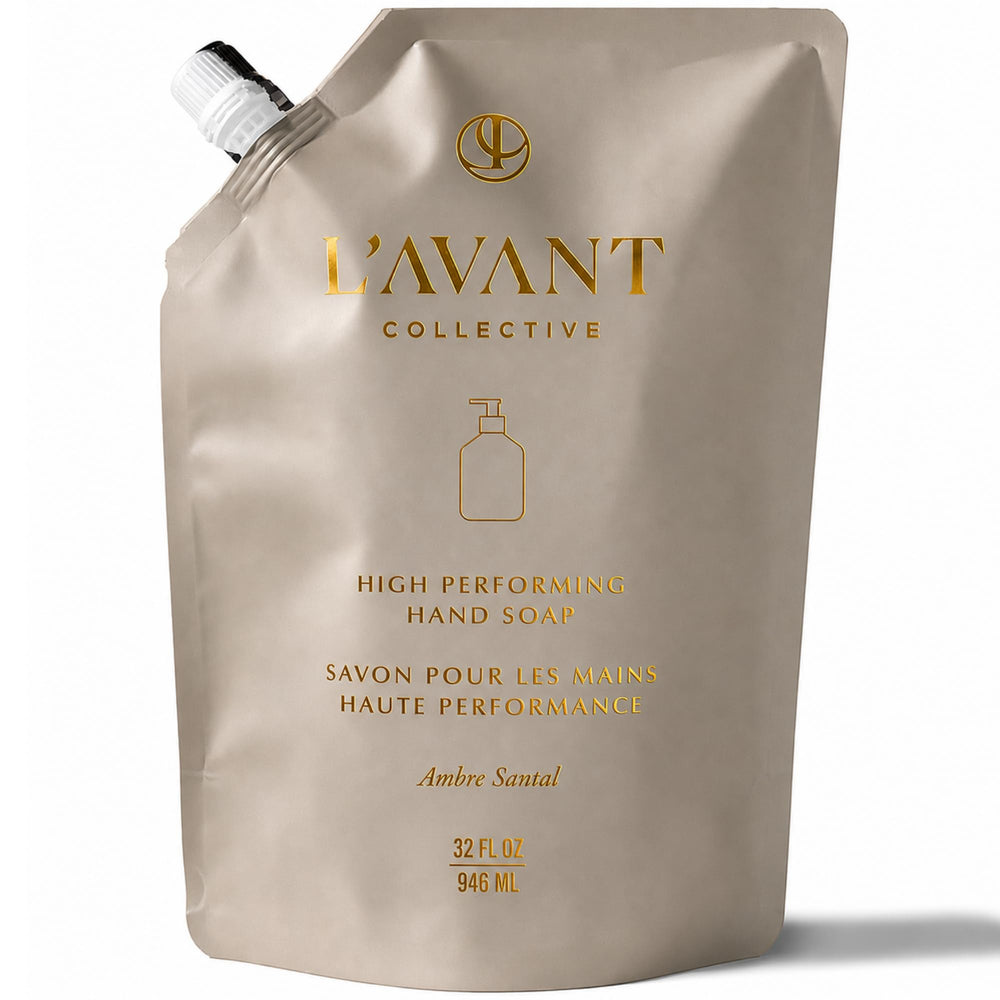 L'AVANT Collective refill pouch front view showing Ambre Santal label and eco benefit