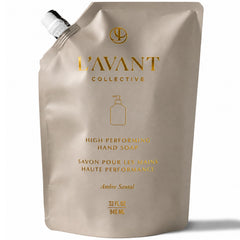 L'AVANT Collective refill pouch front view showing Ambre Santal label and eco benefit