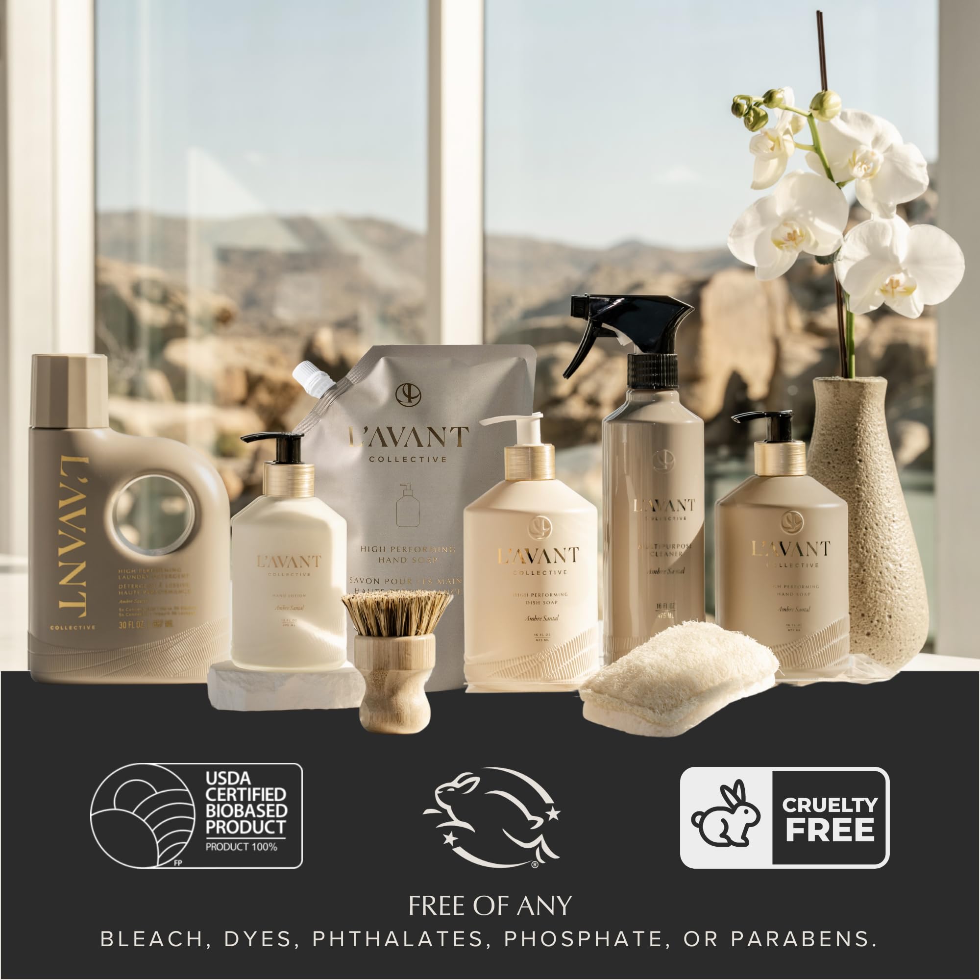 Label close-up listing plant-based ingredients on L'AVANT Collective refill pouch