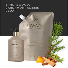 Pouring L'AVANT Collective refill into a glass bottle to reduce single-use plastic