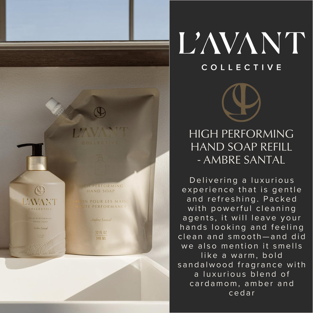 32oz pouch beside standard pump bottle showing volume and refill value of L'AVANT